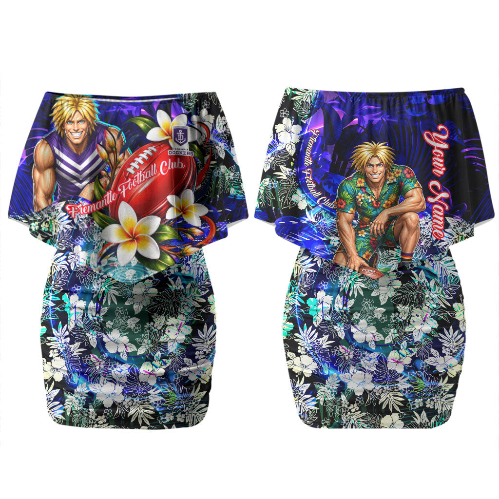 Personalized Fremantle Football Dockers Couples Matching Off Shoulder Short Dress and Hawaiian Shirt Tropical Hibiscus Flowers - Pacific Fusion Style