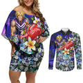 Personalized Fremantle Football Dockers Couples Matching Off Shoulder Short Dress and Long Sleeve Button Shirt Tropical Hibiscus Flowers - Pacific Fusion Style