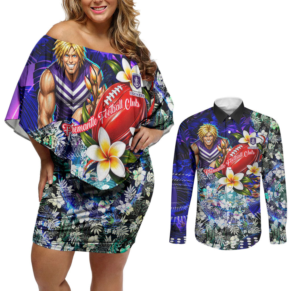 Personalized Fremantle Football Dockers Couples Matching Off Shoulder Short Dress and Long Sleeve Button Shirt Tropical Hibiscus Flowers - Pacific Fusion Style
