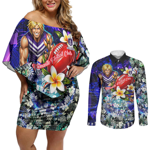 Personalized Fremantle Football Dockers Couples Matching Off Shoulder Short Dress and Long Sleeve Button Shirt Tropical Hibiscus Flowers - Pacific Fusion Style