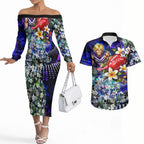 Personalized Fremantle Football Dockers Couples Matching Off The Shoulder Long Sleeve Dress and Hawaiian Shirt Tropical Hibiscus Flowers - Pacific Fusion Style