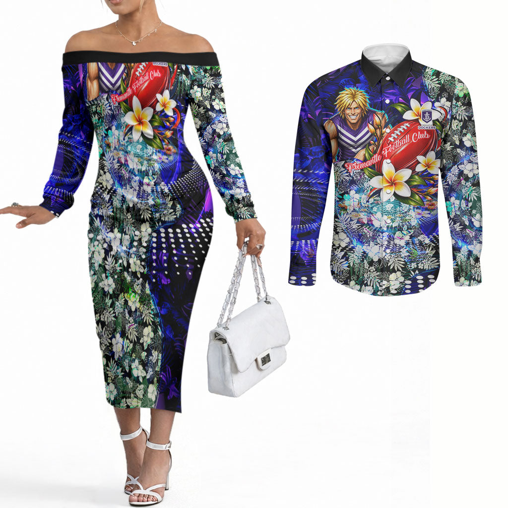 Personalized Fremantle Football Dockers Couples Matching Off The Shoulder Long Sleeve Dress and Long Sleeve Button Shirt Tropical Hibiscus Flowers - Pacific Fusion Style