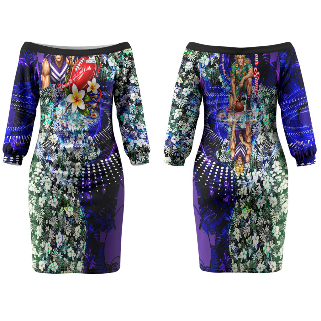 Personalized Fremantle Football Dockers Couples Matching Off The Shoulder Long Sleeve Dress and Long Sleeve Button Shirt Tropical Hibiscus Flowers - Pacific Fusion Style