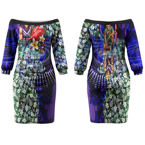 Personalized Fremantle Football Dockers Couples Matching Off The Shoulder Long Sleeve Dress and Long Sleeve Button Shirt Tropical Hibiscus Flowers - Pacific Fusion Style