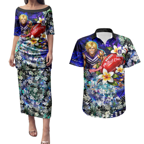 Personalized Fremantle Football Dockers Couples Matching Puletasi and Hawaiian Shirt Tropical Hibiscus Flowers - Pacific Fusion Style