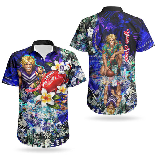 Personalized Fremantle Football Dockers Couples Matching Puletasi and Hawaiian Shirt Tropical Hibiscus Flowers - Pacific Fusion Style