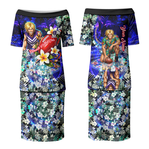 Personalized Fremantle Football Dockers Couples Matching Puletasi and Hawaiian Shirt Tropical Hibiscus Flowers - Pacific Fusion Style