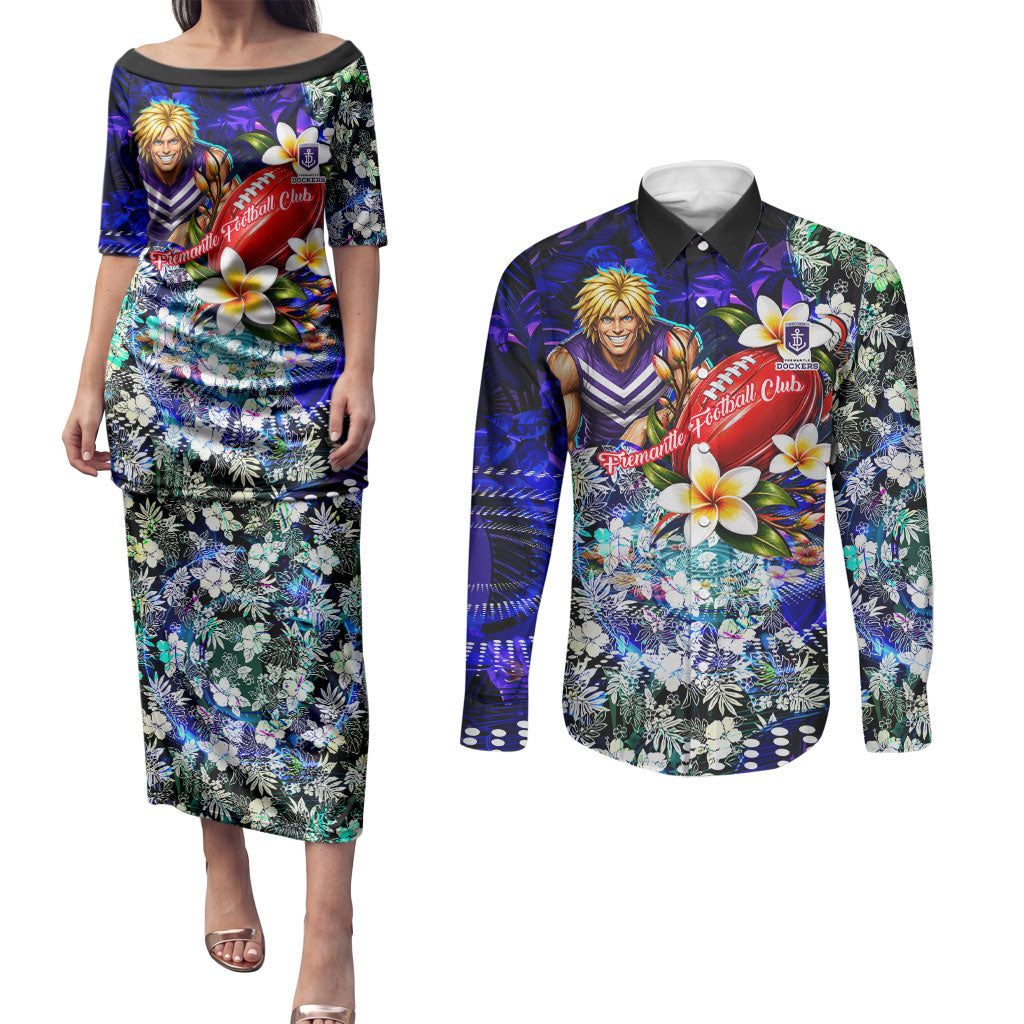 Personalized Fremantle Football Dockers Couples Matching Puletasi and Long Sleeve Button Shirt Tropical Hibiscus Flowers - Pacific Fusion Style