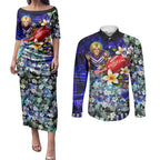 Personalized Fremantle Football Dockers Couples Matching Puletasi and Long Sleeve Button Shirt Tropical Hibiscus Flowers - Pacific Fusion Style