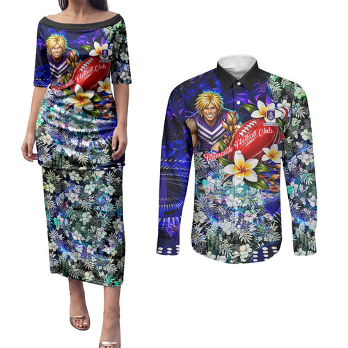 Personalized Fremantle Football Dockers Couples Matching Puletasi and Long Sleeve Button Shirt Tropical Hibiscus Flowers - Pacific Fusion Style
