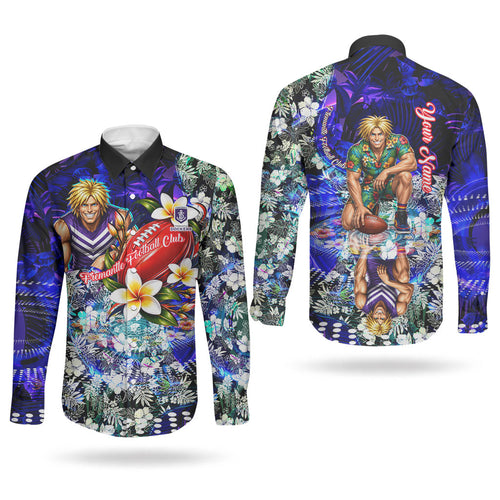Personalized Fremantle Football Dockers Couples Matching Puletasi and Long Sleeve Button Shirt Tropical Hibiscus Flowers - Pacific Fusion Style