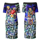 Personalized Fremantle Football Dockers Couples Matching Puletasi and Long Sleeve Button Shirt Tropical Hibiscus Flowers - Pacific Fusion Style