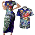 Personalized Fremantle Football Dockers Couples Matching Short Sleeve Bodycon Dress and Hawaiian Shirt Tropical Hibiscus Flowers - Pacific Fusion Style
