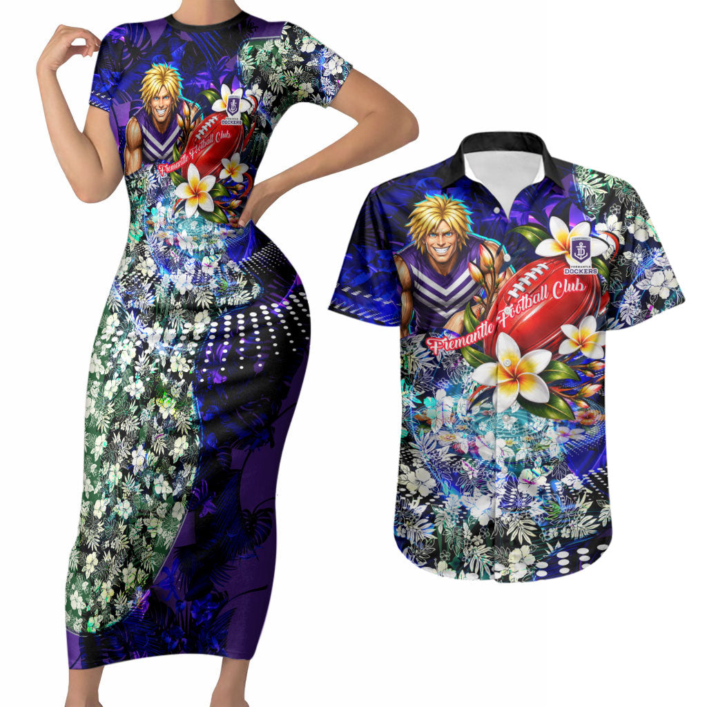 Personalized Fremantle Football Dockers Couples Matching Short Sleeve Bodycon Dress and Hawaiian Shirt Tropical Hibiscus Flowers - Pacific Fusion Style