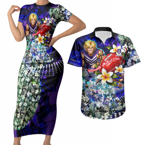 Personalized Fremantle Football Dockers Couples Matching Short Sleeve Bodycon Dress and Hawaiian Shirt Tropical Hibiscus Flowers - Pacific Fusion Style
