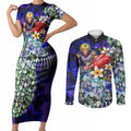 Personalized Fremantle Football Dockers Couples Matching Short Sleeve Bodycon Dress and Long Sleeve Button Shirt Tropical Hibiscus Flowers - Pacific Fusion Style