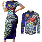 Personalized Fremantle Football Dockers Couples Matching Short Sleeve Bodycon Dress and Long Sleeve Button Shirt Tropical Hibiscus Flowers - Pacific Fusion Style