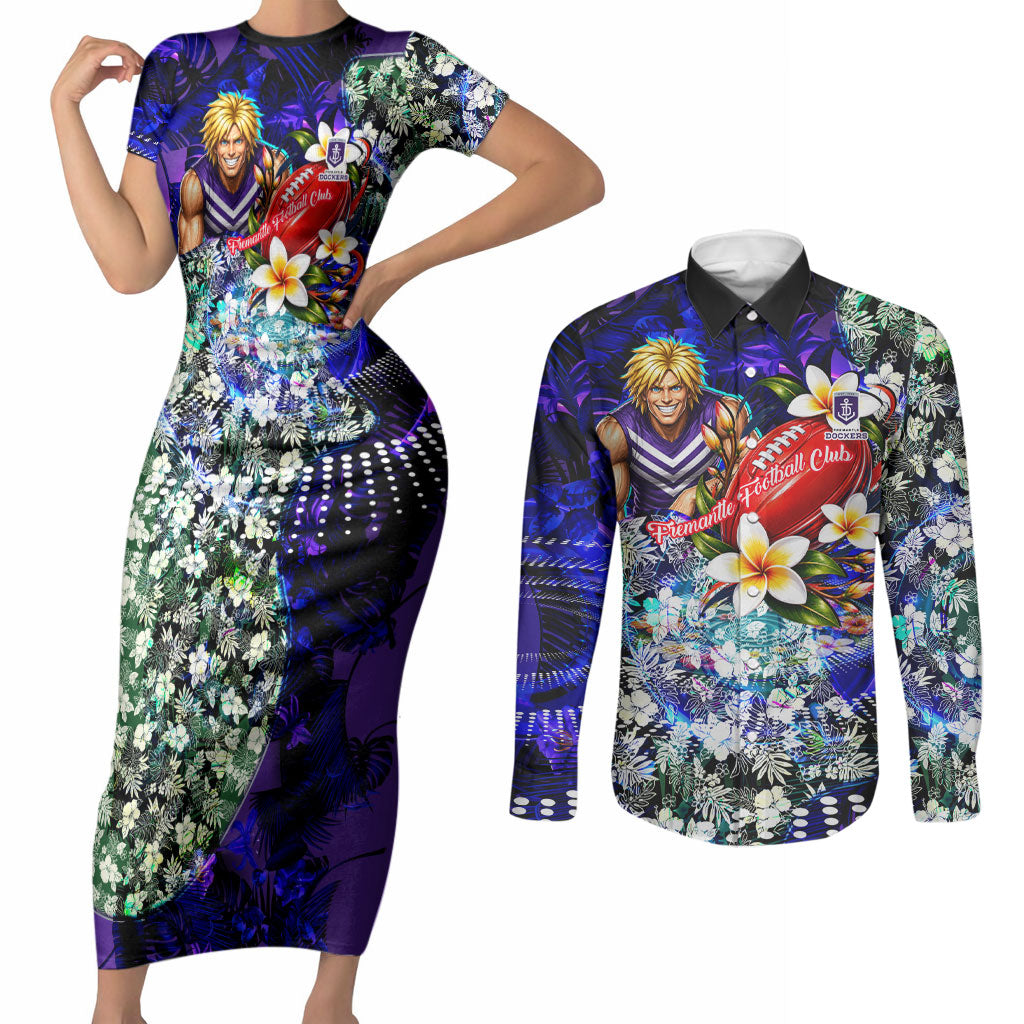 Personalized Fremantle Football Dockers Couples Matching Short Sleeve Bodycon Dress and Long Sleeve Button Shirt Tropical Hibiscus Flowers - Pacific Fusion Style