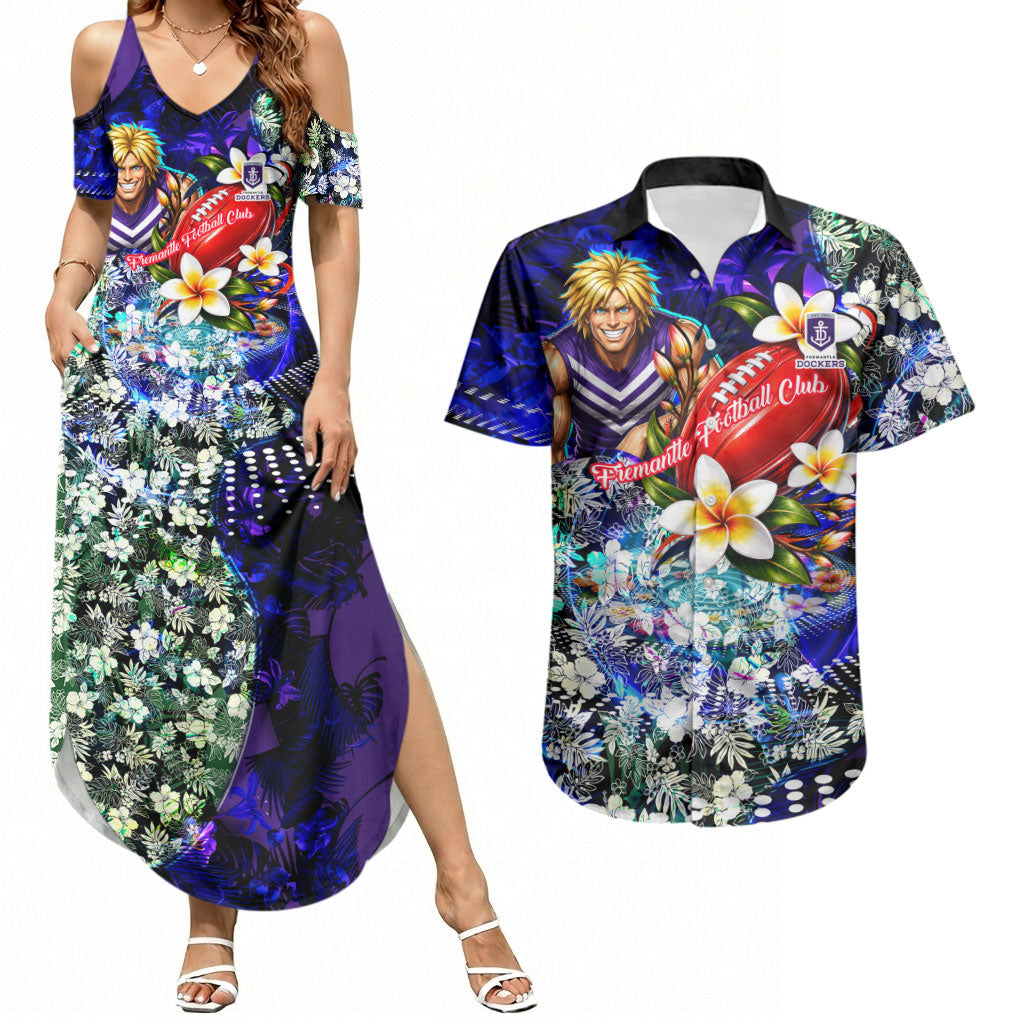 Personalized Fremantle Football Dockers Couples Matching Summer Maxi Dress and Hawaiian Shirt Tropical Hibiscus Flowers - Pacific Fusion Style