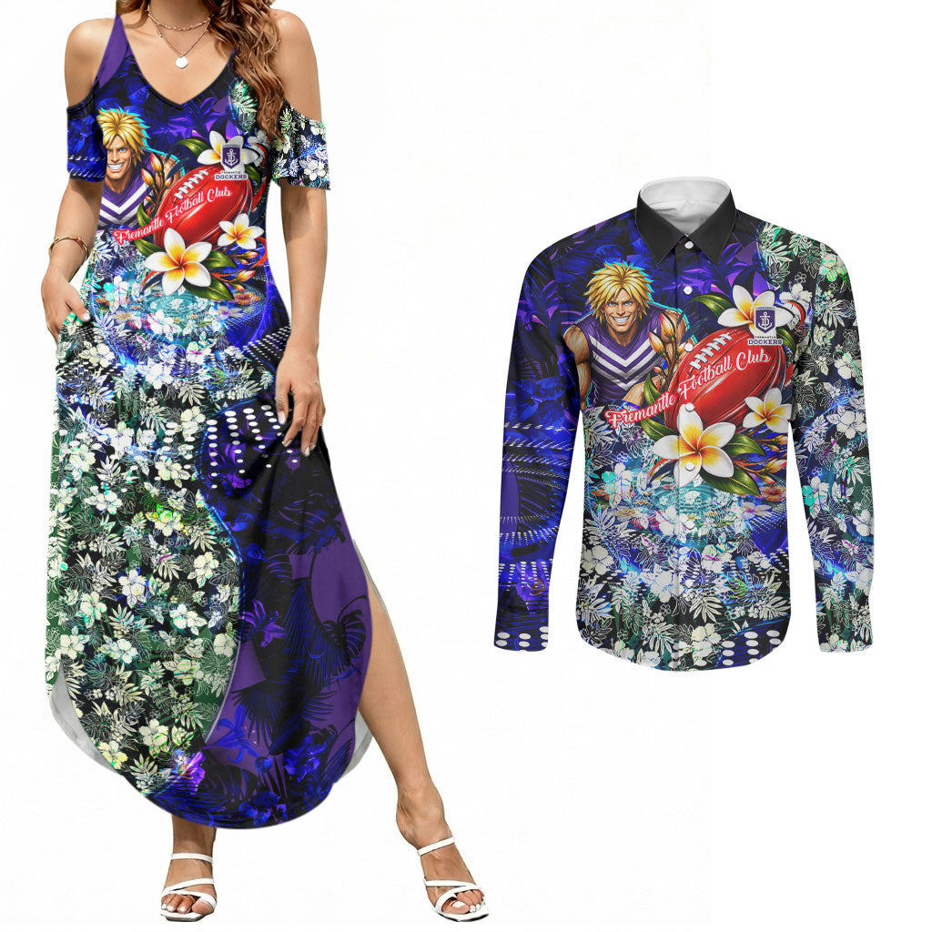 Personalized Fremantle Football Dockers Couples Matching Summer Maxi Dress and Long Sleeve Button Shirt Tropical Hibiscus Flowers - Pacific Fusion Style