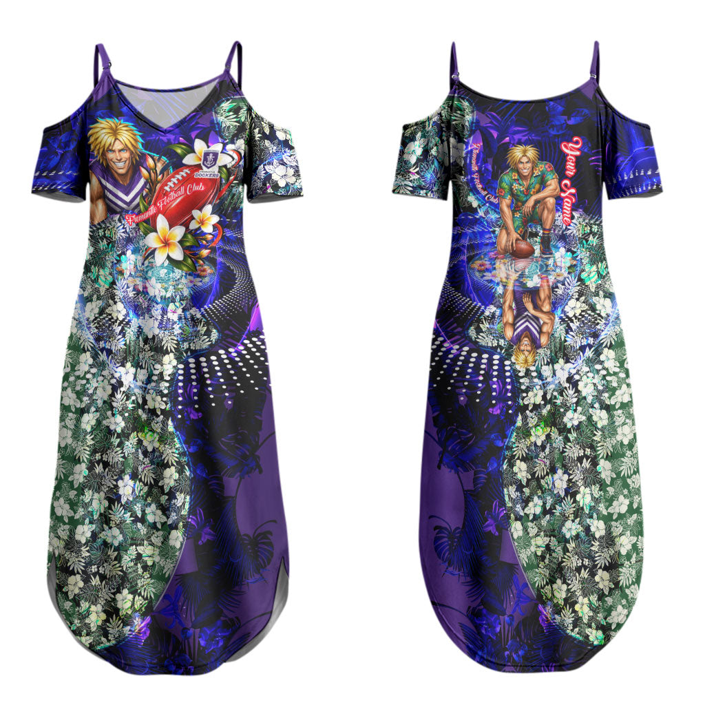 Personalized Fremantle Football Dockers Couples Matching Summer Maxi Dress and Long Sleeve Button Shirt Tropical Hibiscus Flowers - Pacific Fusion Style