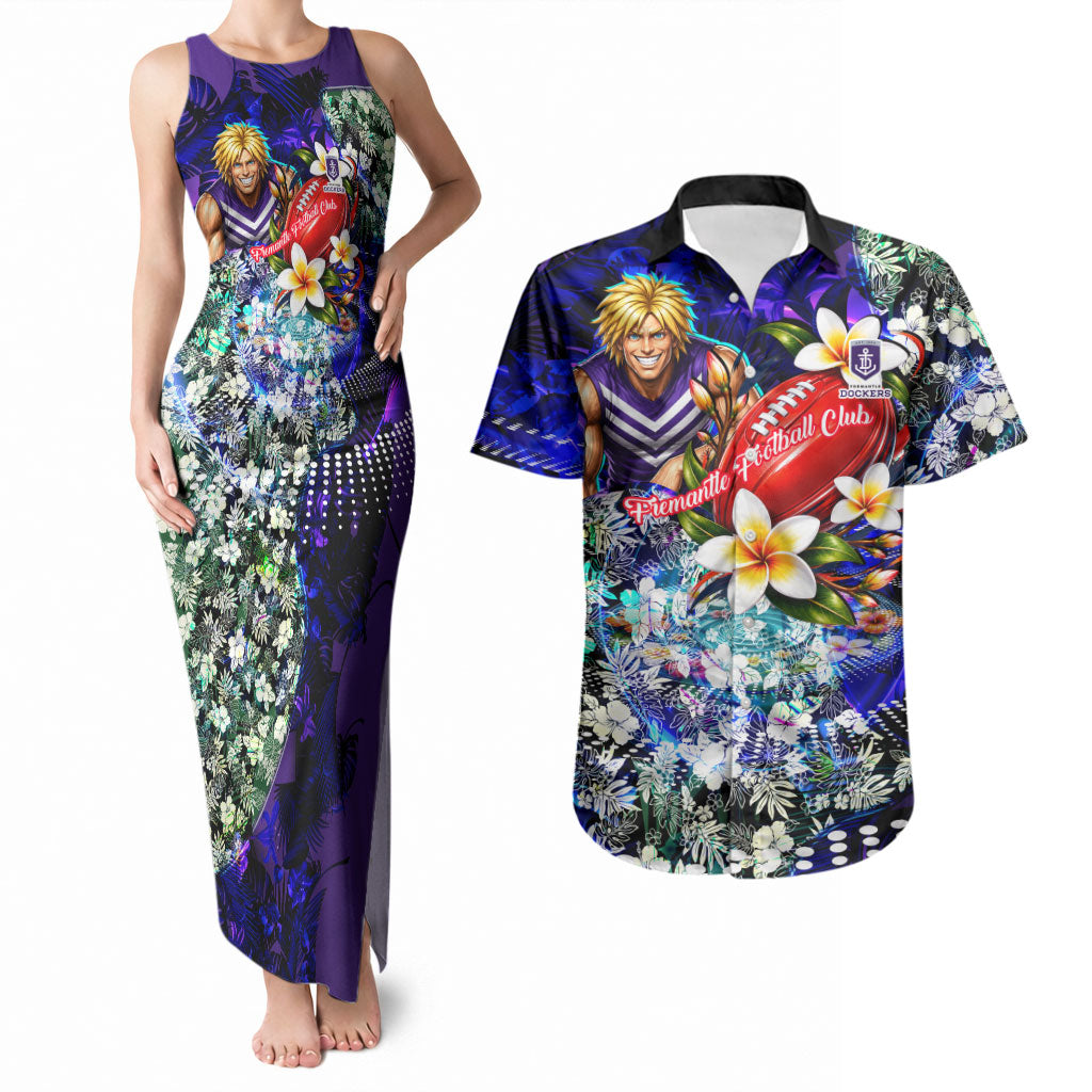 Personalized Fremantle Football Dockers Couples Matching Tank Maxi Dress and Hawaiian Shirt Tropical Hibiscus Flowers - Pacific Fusion Style