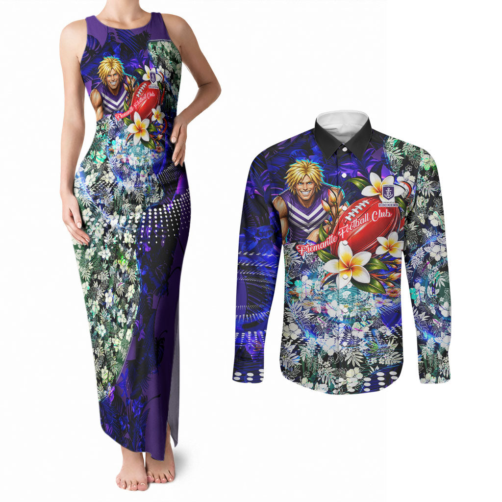 Personalized Fremantle Football Dockers Couples Matching Tank Maxi Dress and Long Sleeve Button Shirt Tropical Hibiscus Flowers - Pacific Fusion Style