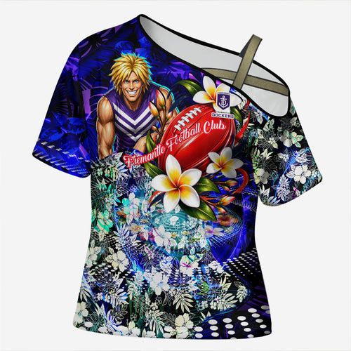 Personalized Fremantle Football Dockers Cross Shoulder Shirt Tropical Hibiscus Flowers - Pacific Fusion Style
