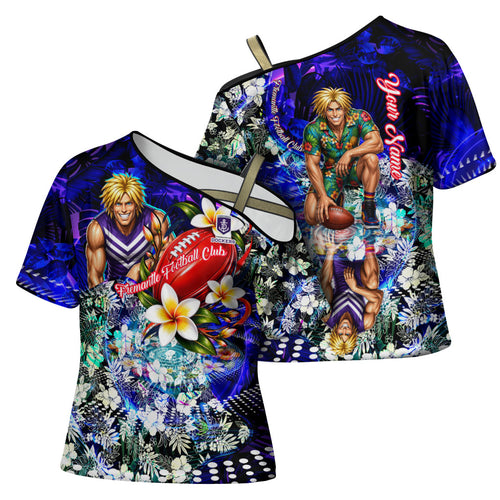 Personalized Fremantle Football Dockers Cross Shoulder Shirt Tropical Hibiscus Flowers - Pacific Fusion Style