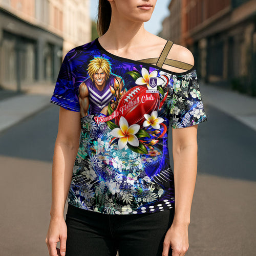 Personalized Fremantle Football Dockers Cross Shoulder Shirt Tropical Hibiscus Flowers - Pacific Fusion Style