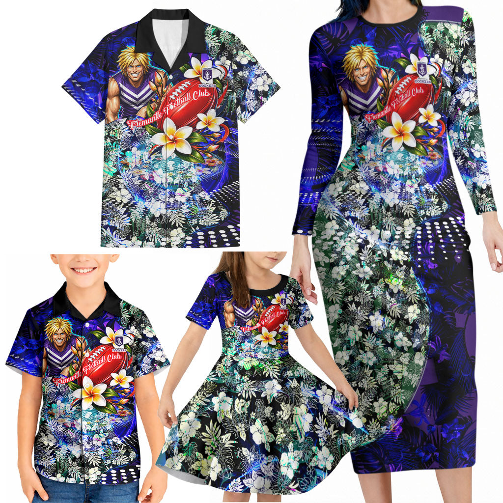 Personalized Fremantle Football Dockers Family Matching Long Sleeve Bodycon Dress and Hawaiian Shirt Tropical Hibiscus Flowers - Pacific Fusion Style