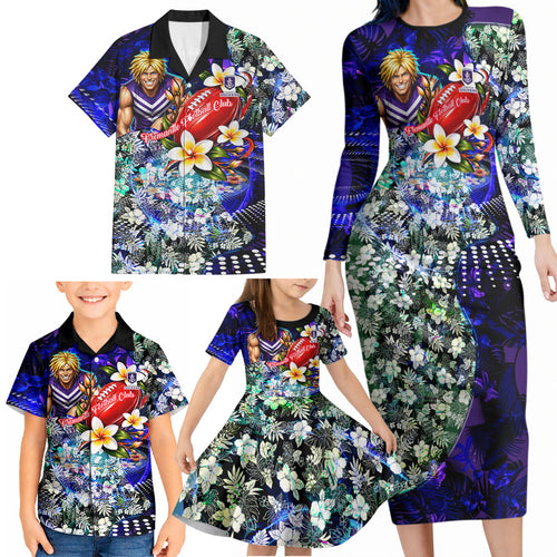 Personalized Fremantle Football Dockers Family Matching Long Sleeve Bodycon Dress and Hawaiian Shirt Tropical Hibiscus Flowers - Pacific Fusion Style