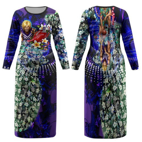 Personalized Fremantle Football Dockers Family Matching Long Sleeve Bodycon Dress and Hawaiian Shirt Tropical Hibiscus Flowers - Pacific Fusion Style