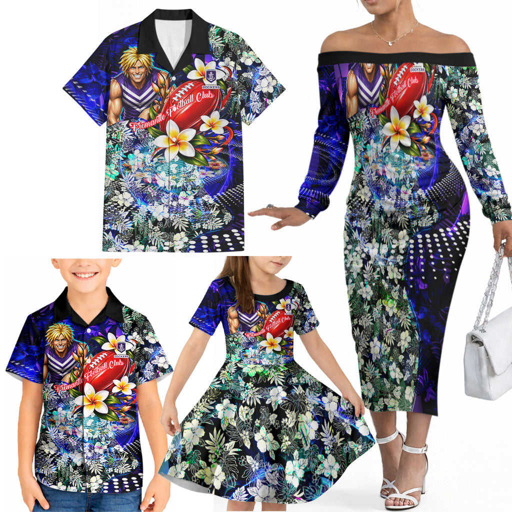 Personalized Fremantle Football Dockers Family Matching Off The Shoulder Long Sleeve Dress and Hawaiian Shirt Tropical Hibiscus Flowers - Pacific Fusion Style