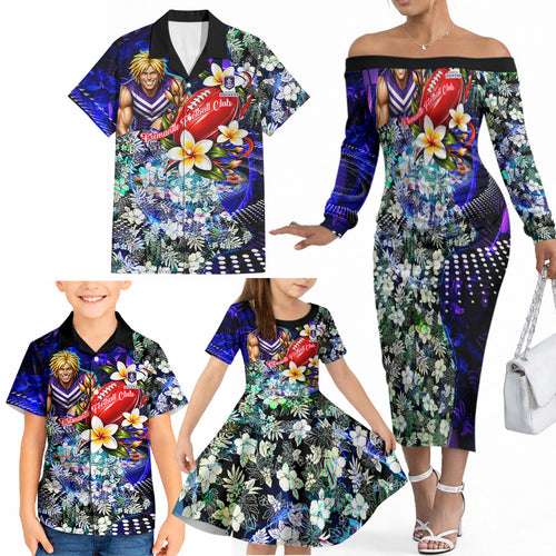 Personalized Fremantle Football Dockers Family Matching Off The Shoulder Long Sleeve Dress and Hawaiian Shirt Tropical Hibiscus Flowers - Pacific Fusion Style