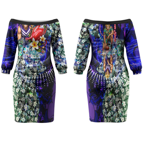 Personalized Fremantle Football Dockers Family Matching Off The Shoulder Long Sleeve Dress and Hawaiian Shirt Tropical Hibiscus Flowers - Pacific Fusion Style