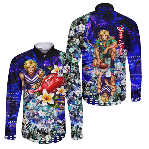 Personalized Fremantle Football Dockers Family Matching Off Shoulder Maxi Dress and Hawaiian Shirt Tropical Hibiscus Flowers - Pacific Fusion Style