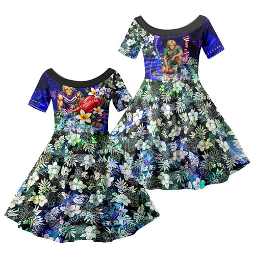 Personalized Fremantle Football Dockers Family Matching Off Shoulder Maxi Dress and Hawaiian Shirt Tropical Hibiscus Flowers - Pacific Fusion Style