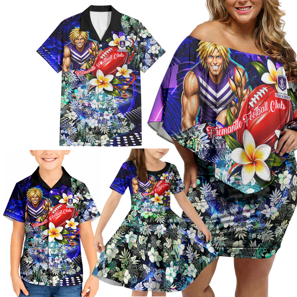 Personalized Fremantle Football Dockers Family Matching Off Shoulder Short Dress and Hawaiian Shirt Tropical Hibiscus Flowers - Pacific Fusion Style