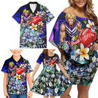 Personalized Fremantle Football Dockers Family Matching Off Shoulder Short Dress and Hawaiian Shirt Tropical Hibiscus Flowers - Pacific Fusion Style