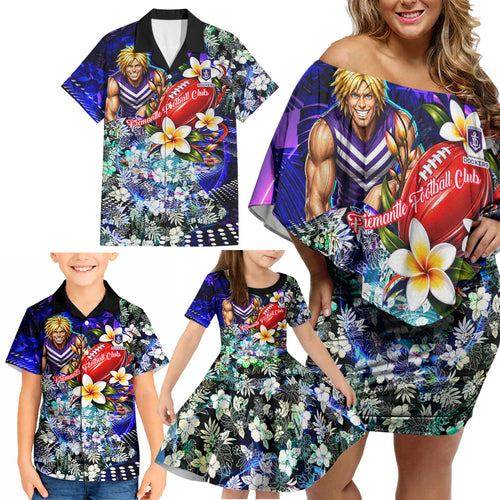 Personalized Fremantle Football Dockers Family Matching Off Shoulder Short Dress and Hawaiian Shirt Tropical Hibiscus Flowers - Pacific Fusion Style