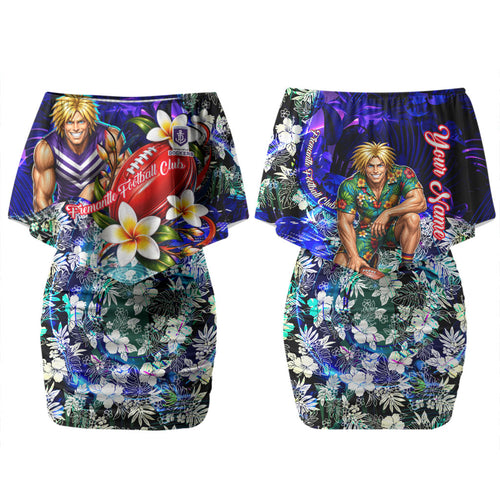 Personalized Fremantle Football Dockers Family Matching Off Shoulder Short Dress and Hawaiian Shirt Tropical Hibiscus Flowers - Pacific Fusion Style