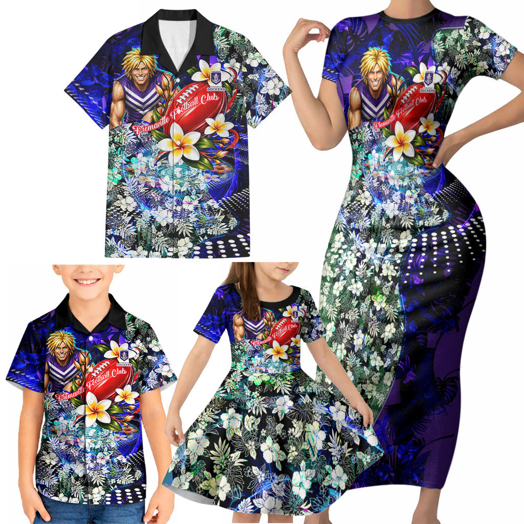 Personalized Fremantle Football Dockers Family Matching Short Sleeve Bodycon Dress and Hawaiian Shirt Tropical Hibiscus Flowers - Pacific Fusion Style