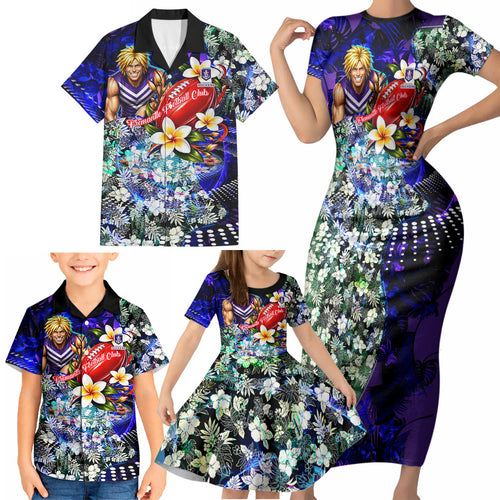 Personalized Fremantle Football Dockers Family Matching Short Sleeve Bodycon Dress and Hawaiian Shirt Tropical Hibiscus Flowers - Pacific Fusion Style