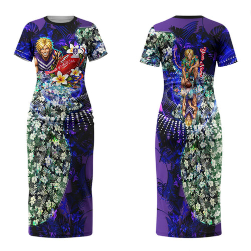 Personalized Fremantle Football Dockers Family Matching Short Sleeve Bodycon Dress and Hawaiian Shirt Tropical Hibiscus Flowers - Pacific Fusion Style