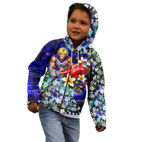 Personalized Fremantle Football Dockers Kid Hoodie Tropical Hibiscus Flowers - Pacific Fusion Style