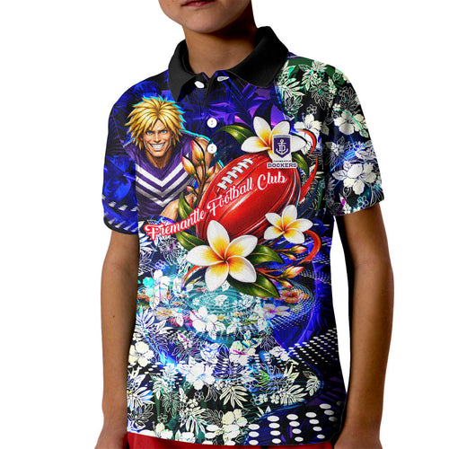 Personalized Fremantle Football Dockers Kid Polo Shirt Tropical Hibiscus Flowers - Pacific Fusion Style