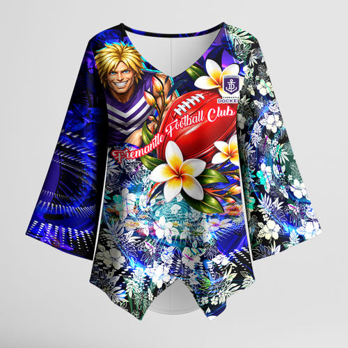 Personalized Fremantle Football Dockers Kimono Sleeve Blouse Tropical Hibiscus Flowers - Pacific Fusion Style