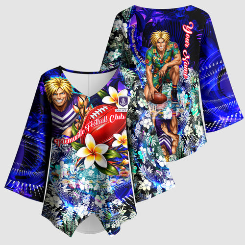 Personalized Fremantle Football Dockers Kimono Sleeve Blouse Tropical Hibiscus Flowers - Pacific Fusion Style