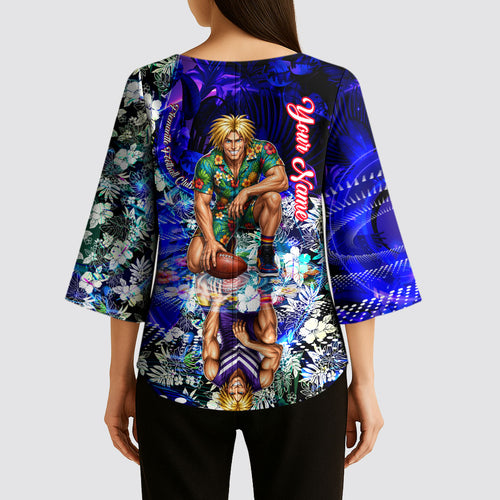 Personalized Fremantle Football Dockers Kimono Sleeve Blouse Tropical Hibiscus Flowers - Pacific Fusion Style